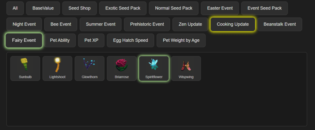 Screenshot of the Grow a Garden Fairy Event calculator in Roblox, with new plants Sunbulb, Lightshoot, Glowthorn, Briarrose, Spiritflower, Pixie, Wispwing, and Auroravine for calculating plant yield, values, and mutations.
