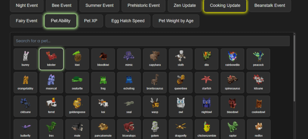 Screenshot of the Grow a Garden pet calculator in Roblox, helping players calculate pet values, trades, and mutations for better gameplay decisions.